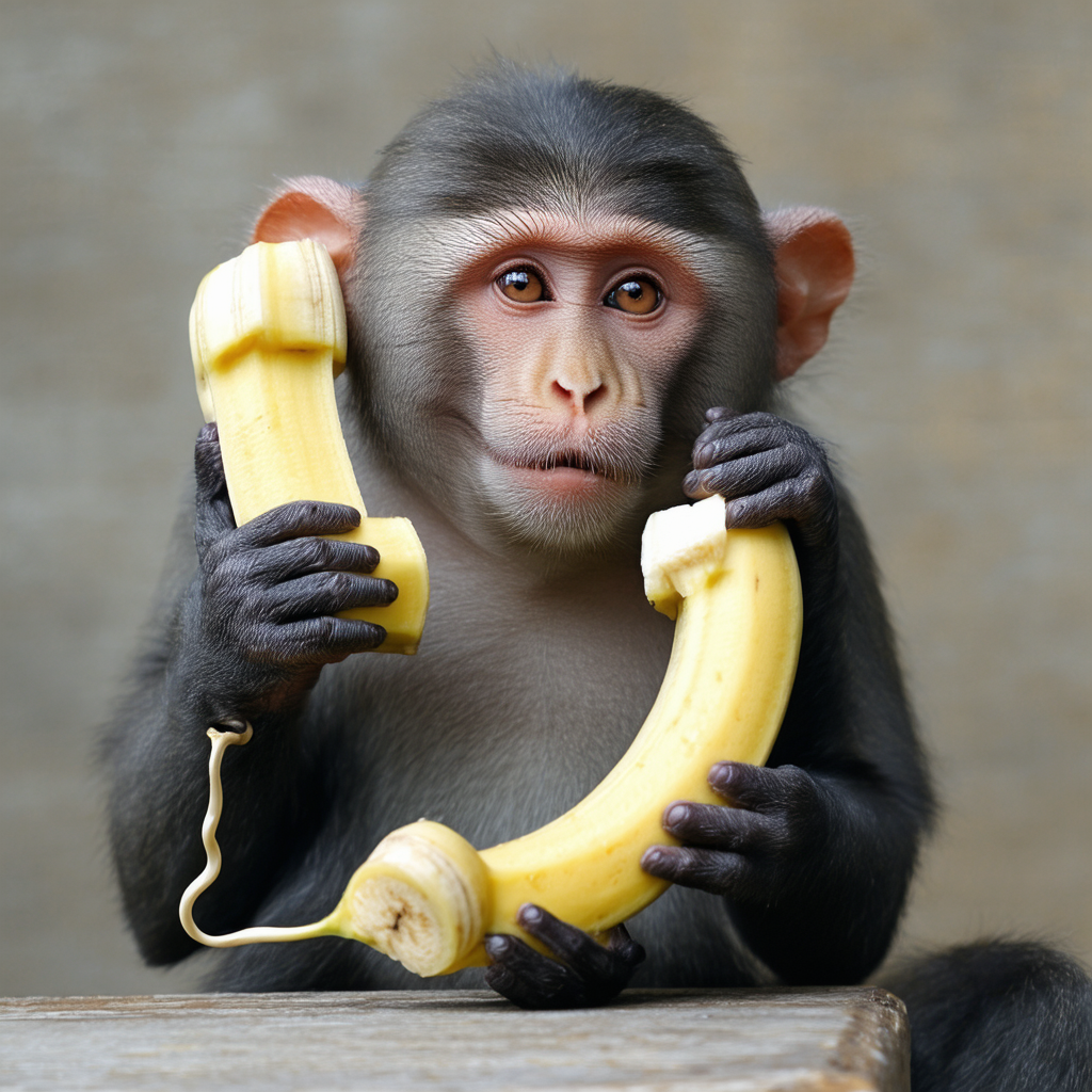 A monkey holding a banana like a telephone, a synthetic spatial watermark example from Table 6 of the paper.